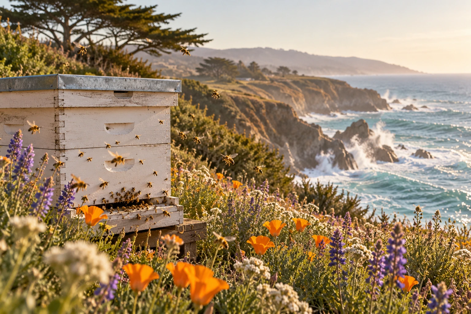 A beehive with honeybees active around the entrance