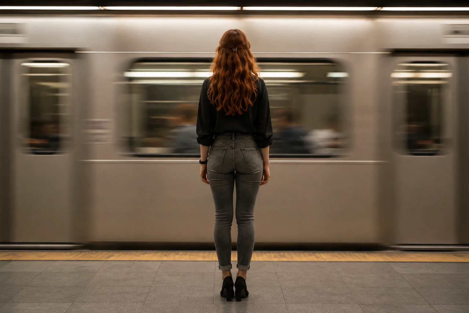 Mary watches a passing subway train while the world around her accelerates.
