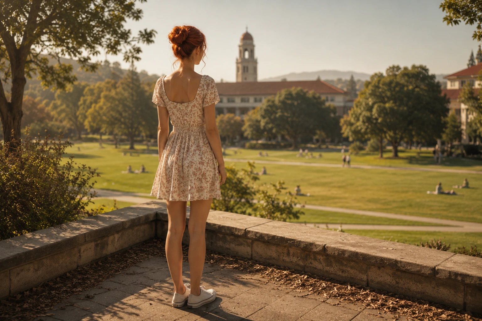 Theresa walking across the campus under the watch of GRACE