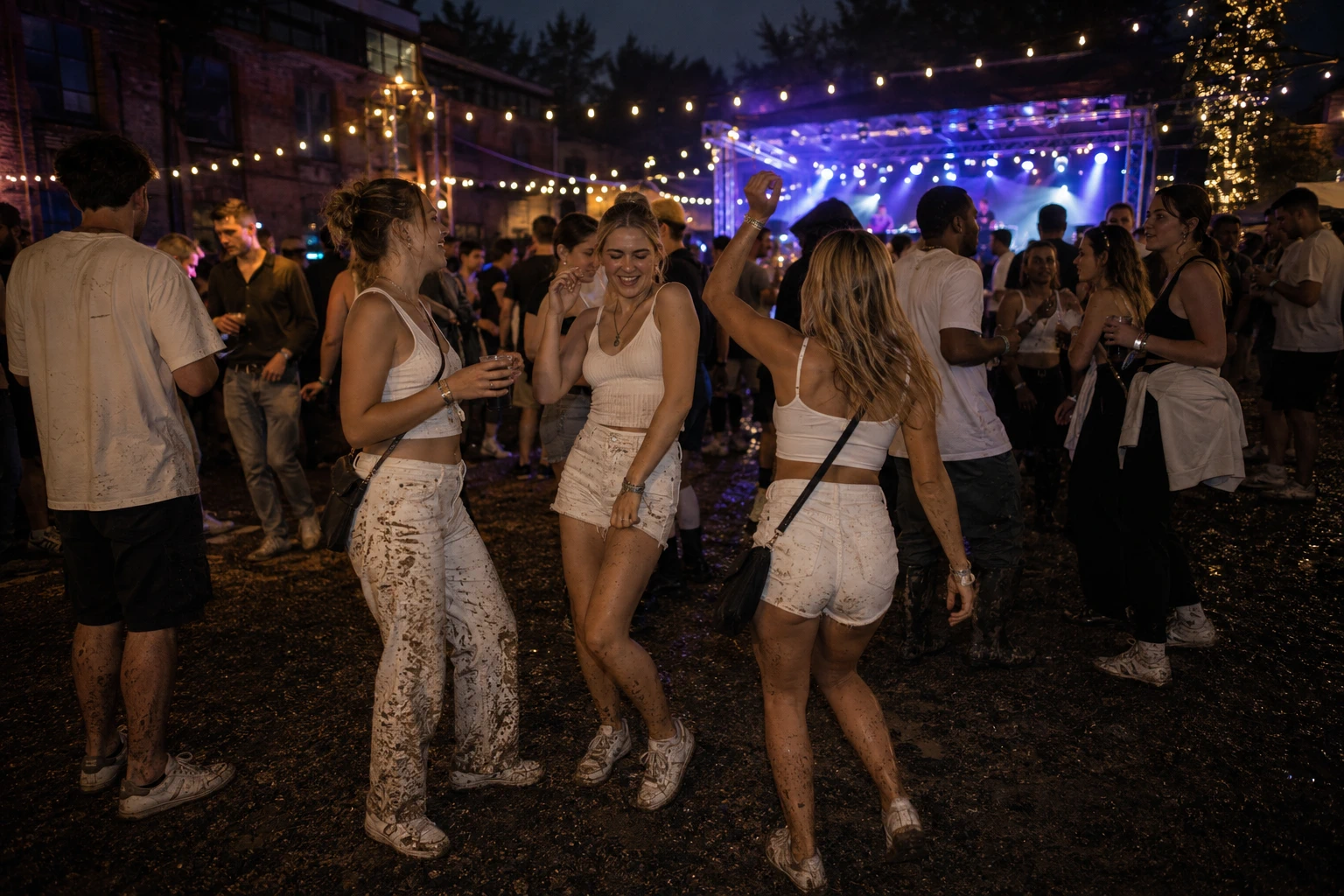 Festivalgoers dancing at Flats Fest in an old railway yard between brick warehouses, with string lights, wet ground, and a lively stage glowing after rain.