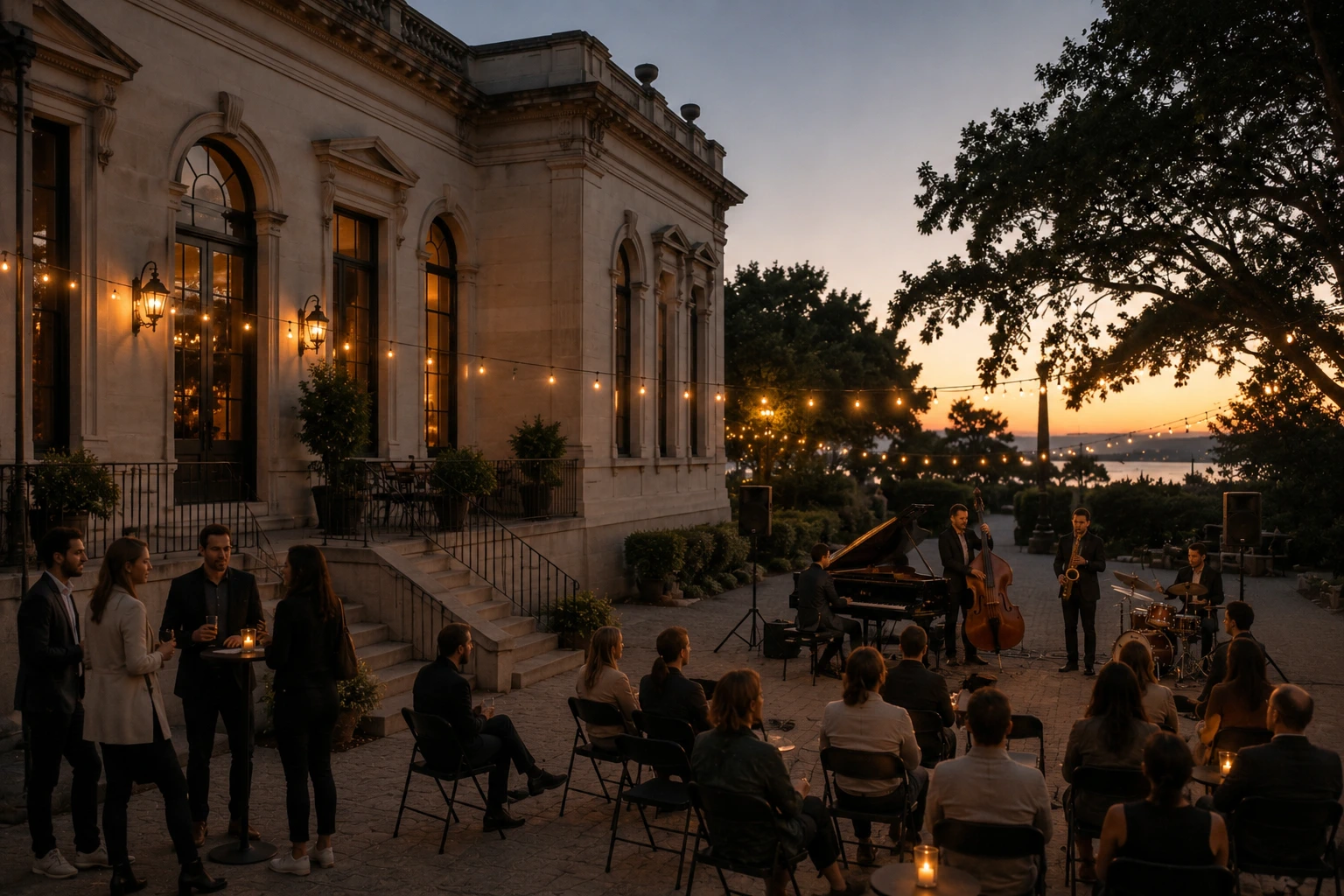An evening music gathering in the warm light