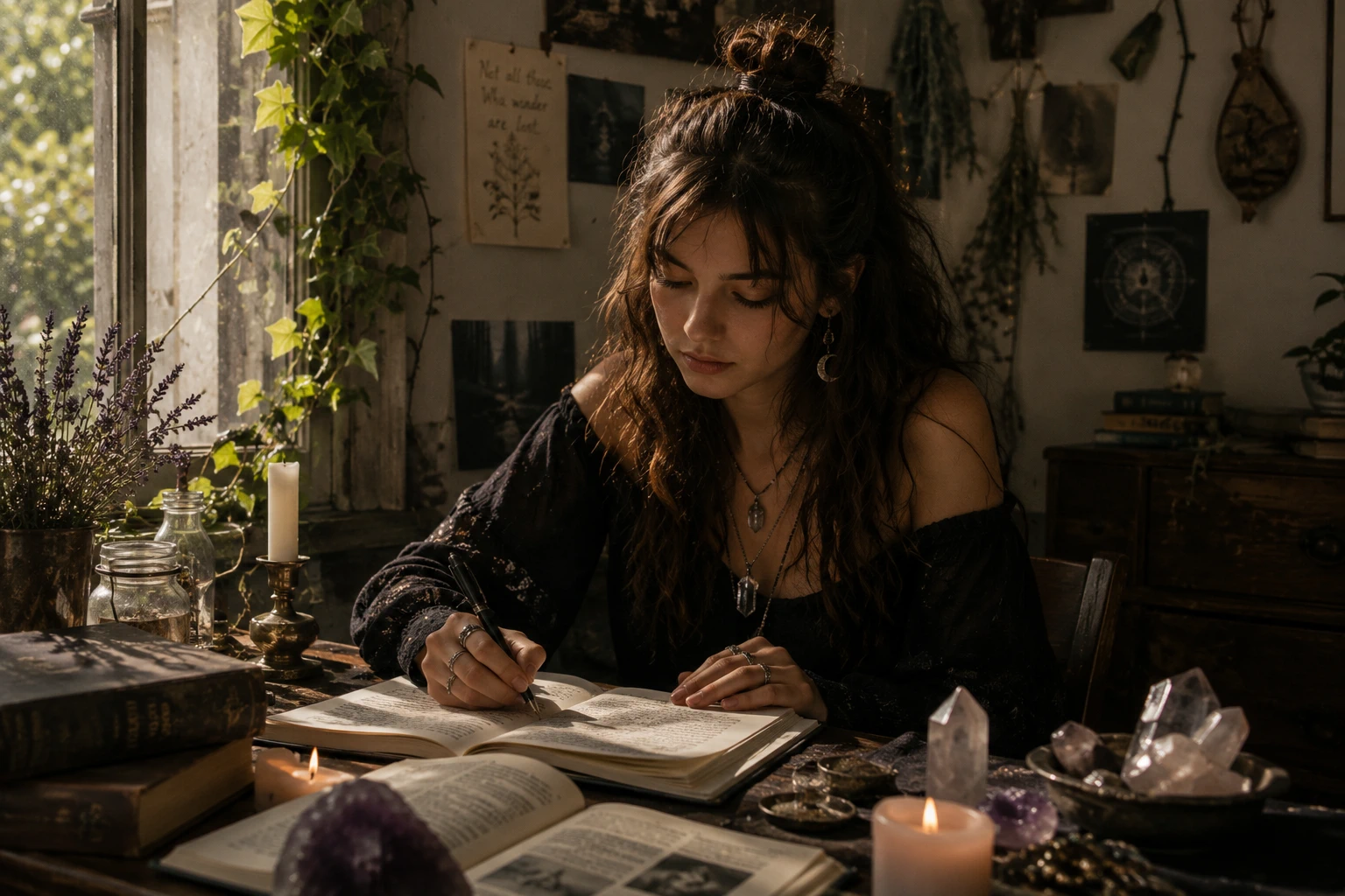 Student sitting at her desk, wicca candles around her