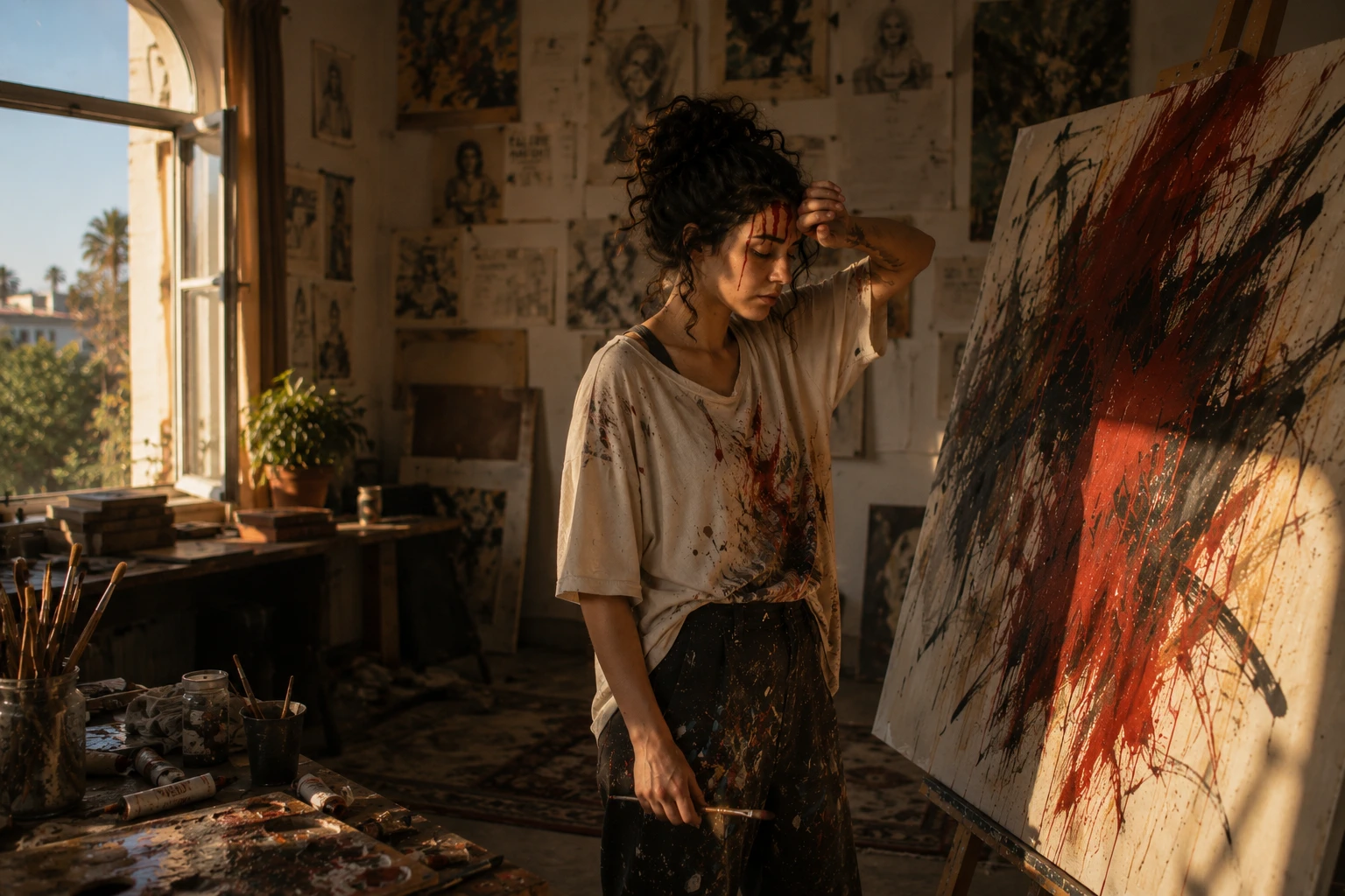 Red streaks across an artist's forehead during an intense painting session
