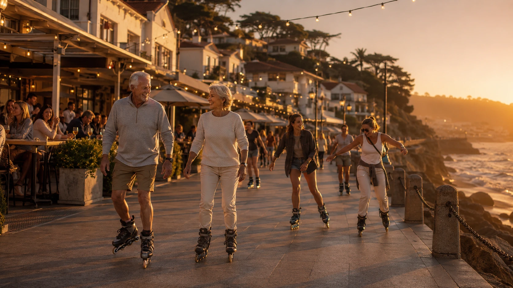An elderly couple and young friends rollerblade along Silverdale’s California waterfront at golden hour, with cafés, string lights and the Pacific Ocean behind them.