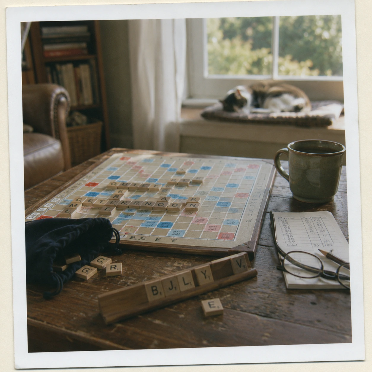 A scrabbleboard on a coffeetable