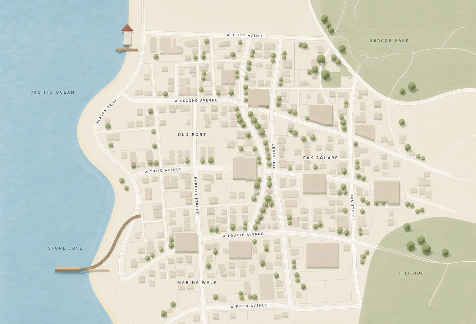Map of Silverdale showing its coastline, streets, neighbourhoods and landmarks