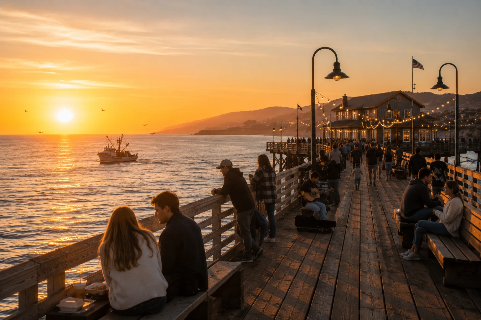 Silverdale’s historic pier stretching over the water at golden hour