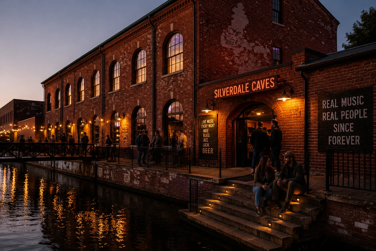 Historic brick warehouse glowing beside the water at night