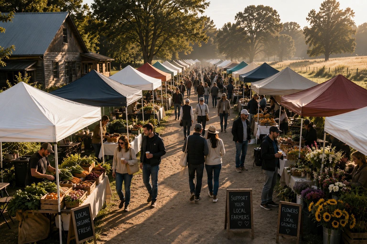 Busy outdoor farmers market with colorful fresh produce in the sunshine
